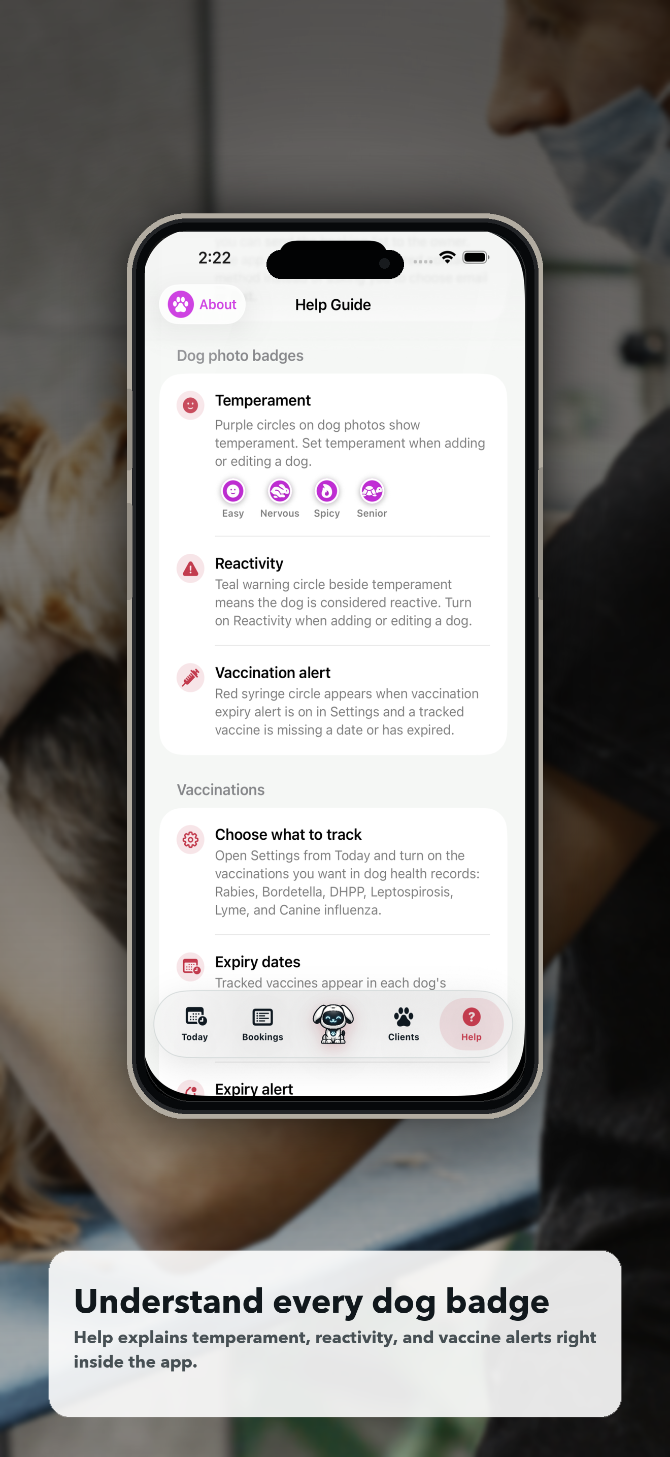 Doggie Style iPhone preview of dog photo badges for quick grooming cues