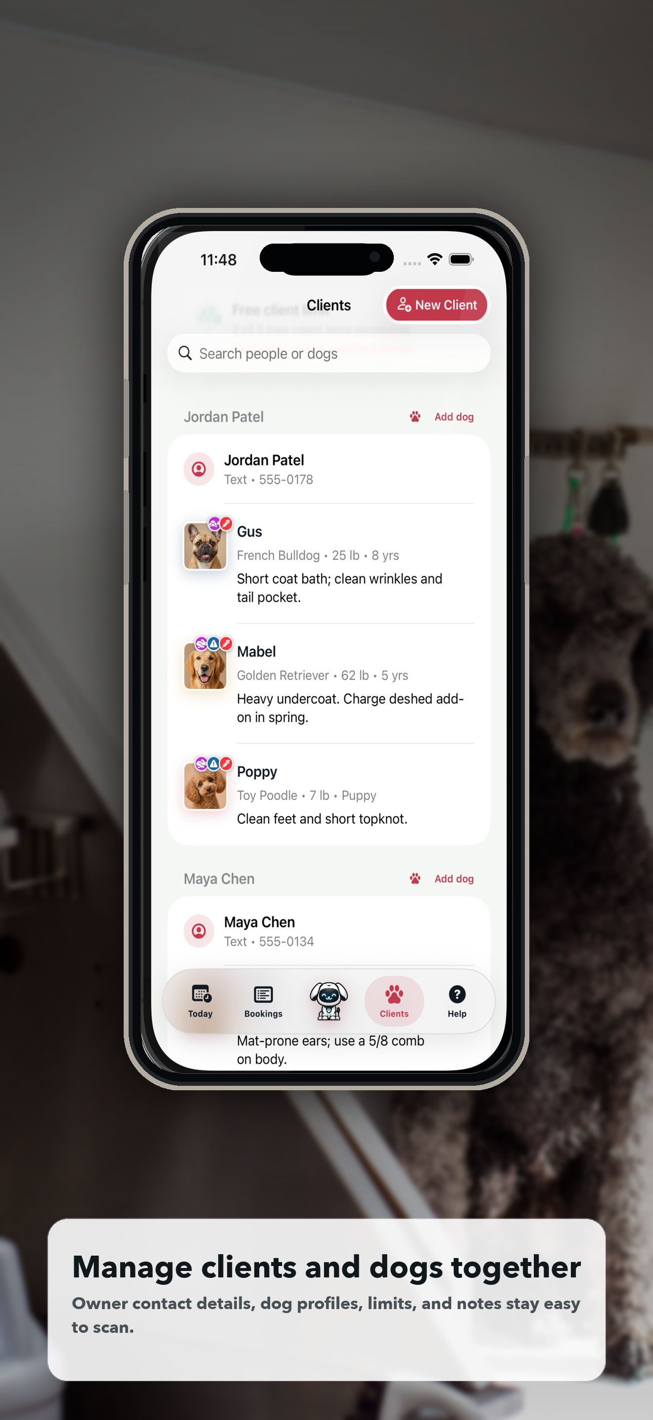 Doggie Style clients tab showing client and dog records