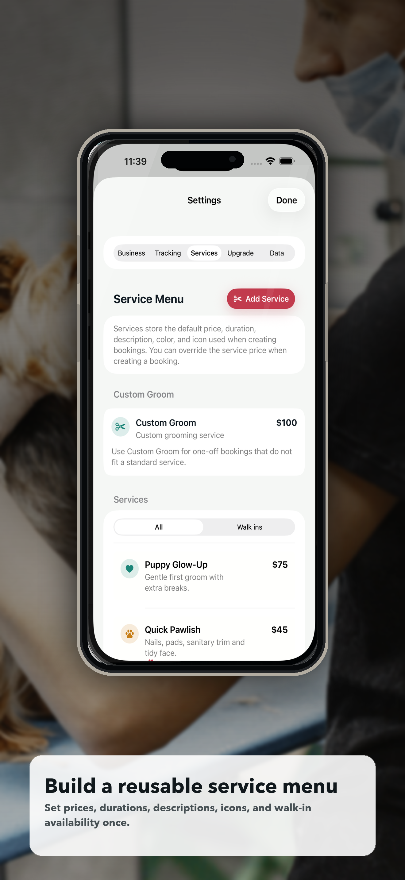 Doggie Style service menu settings for reusable grooming services